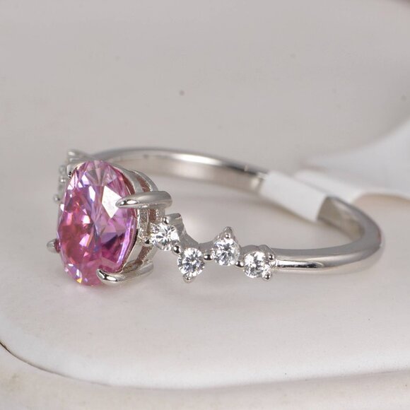 Certified 1.5 ct Pink Oval Cut Moissanite Engagement Ring 925 Sterling - Picture 3 of 8